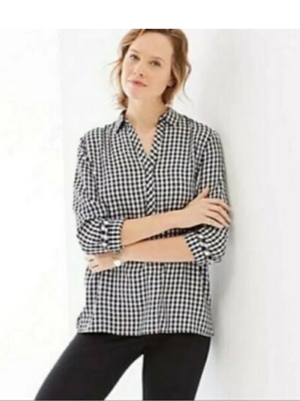 J. Jill Black and White Gingham Popover Collared Shirt 100% Rayon